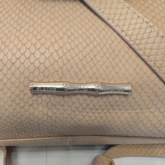 Elaine Turner Tan Snakeskin Embossed Leather Bamboo Handle Satchel Crossbody Bag - Picture 4 of 16